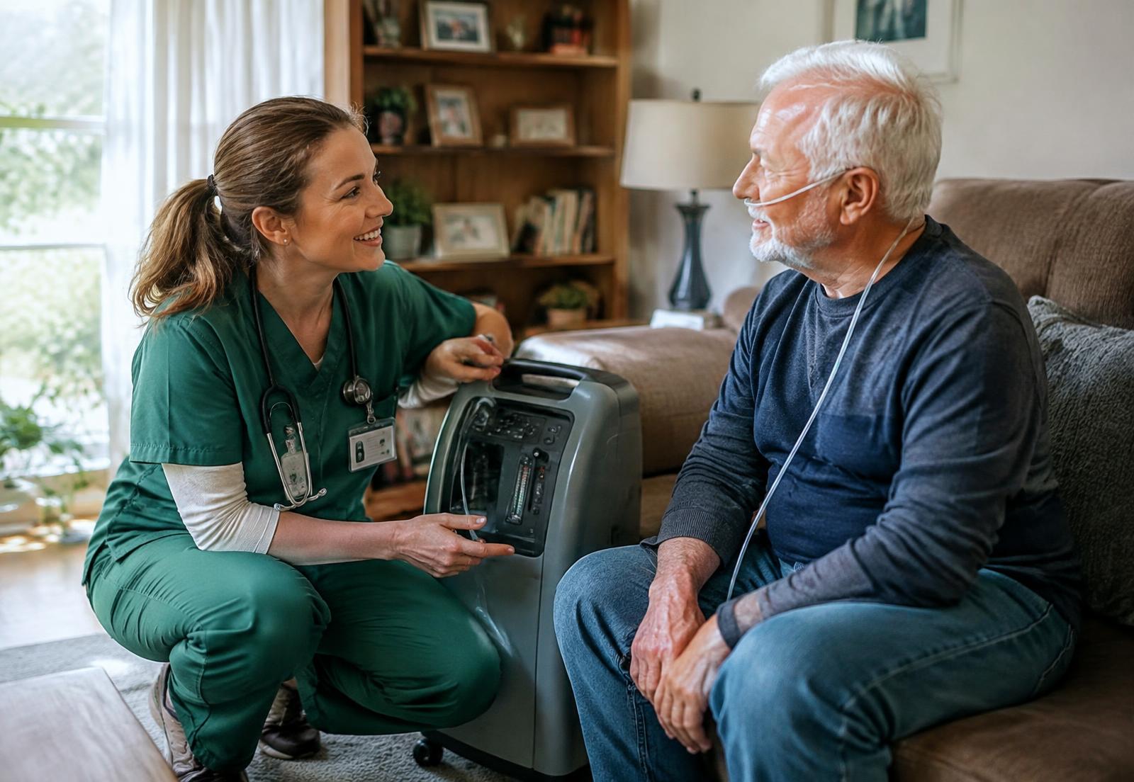Respiratory therapist with a patient at home